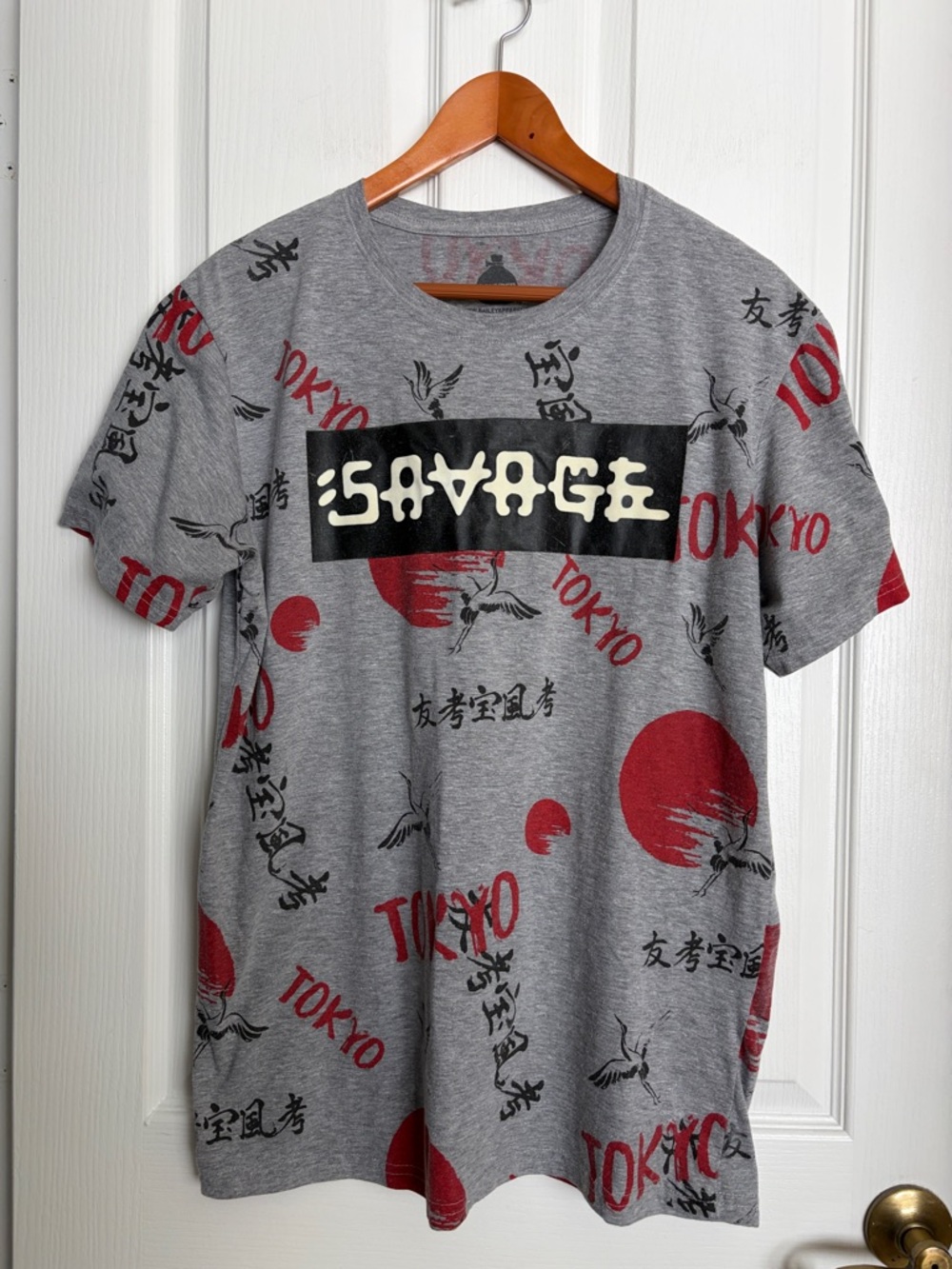 Salvage Gray Tee with Red Tokyo Graphic and Black SAVAGE Logo